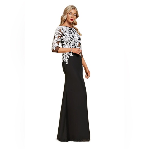 Aubrie Sheath/Column Boat Neck Floor Length Lace Chiffon Evening Dress w/Sequins - Picture 1 of 8